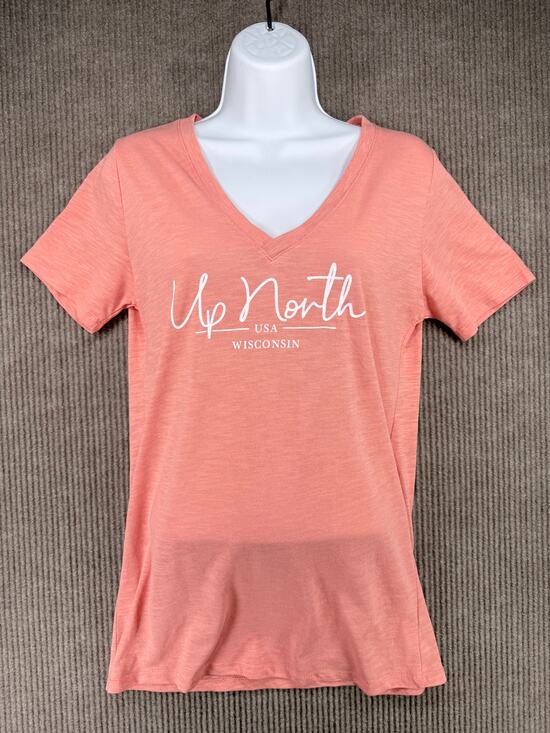 Artisans Tops - Artisans Up North Wisconsin V-Neck T-Shirt Peach Pink Slub Knit Large NWT